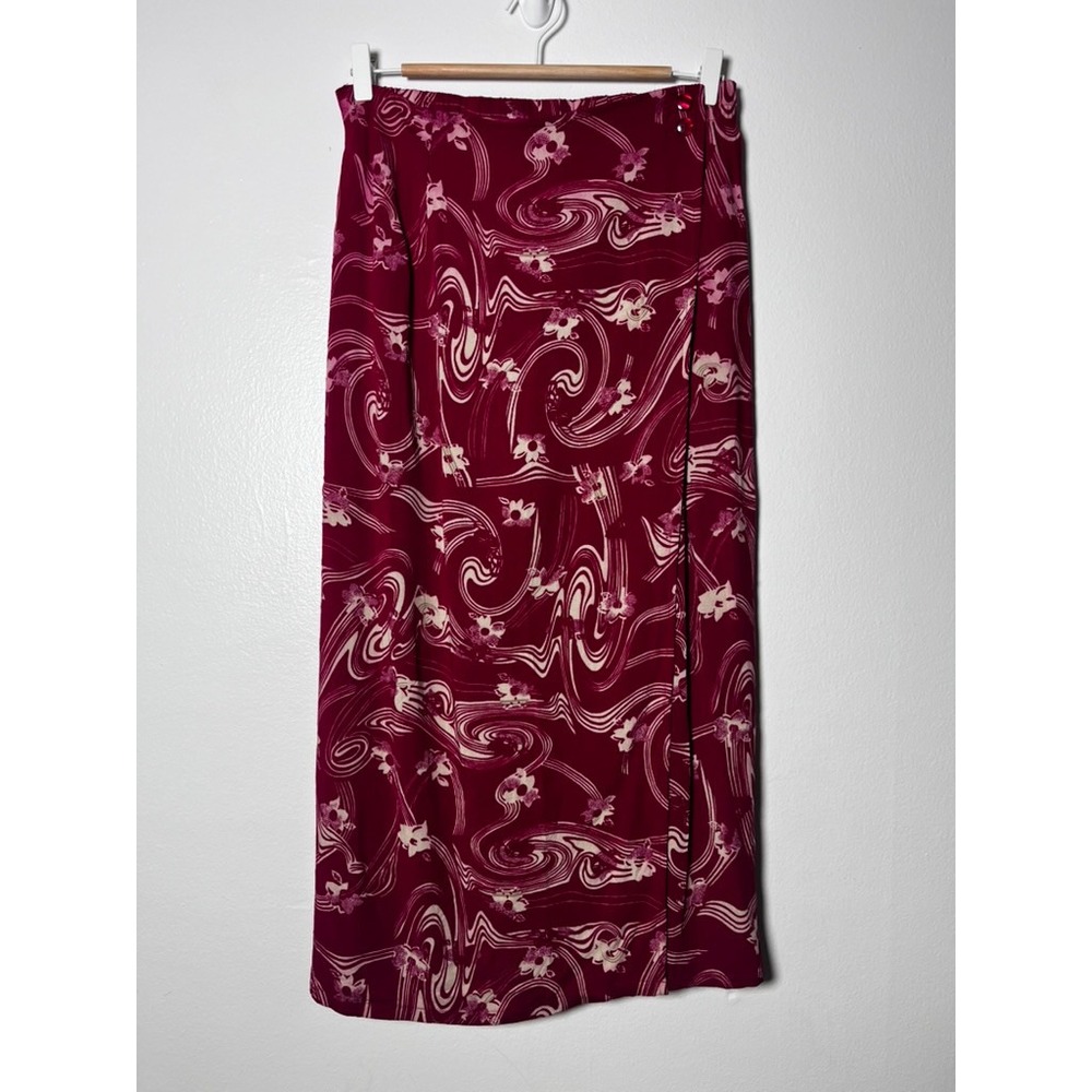 Sag Harbor Petite Vintage Faux Wrap Maxi Skirt Maroon Floral Swirl Print size PM